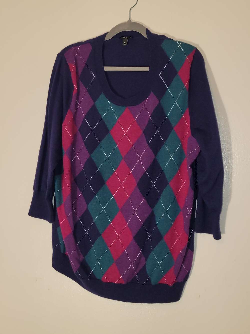 Talbots Purple Teal & Magenta Argyle Scoop Neck Sweater
